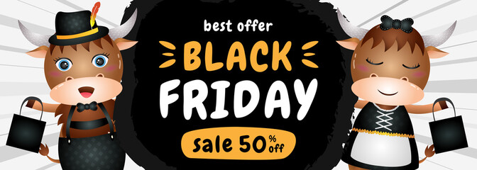 spacial discount black friday sale banner with cute buffalo illustration