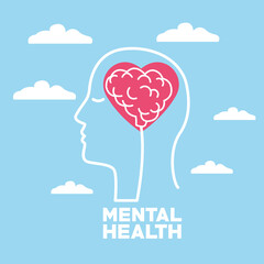 mental health day human profile and heart with brain