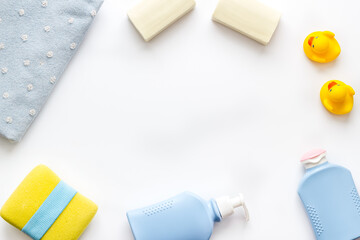 Frame of accessories for baby bathing. Organic cosmetic, top view