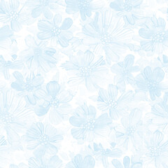Fototapeta na wymiar Watercolor wild light blue cosmos flowers seamless pattern. Hand painted raster texture.