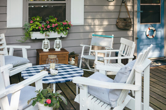 Outdoor Deck Furniture of Rural Cottage in Countryside Woods