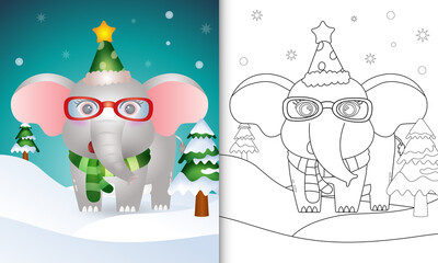 coloring book with a cute elephant christmas characters collection with a hat and scarf