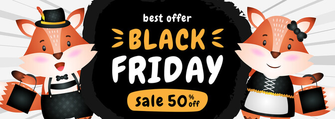 spacial discount black friday banner with cute fox illustration