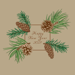 Fototapeta premium Botanical frame with fir and pine branches and cones.Vector illustration. Beige background and colorful pattern.