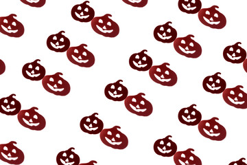 Creative beautiful fashion seamless pattern of laughing funny pumpkin silhouette and its shadow on white background.The Concept Of Halloween.flat lay