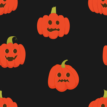 Vector seamless pattern with bright pumpkins on black background. For halloween decoration and invitations, fabric, kitchen textile and print, web page background, gift and wrapping paper.
