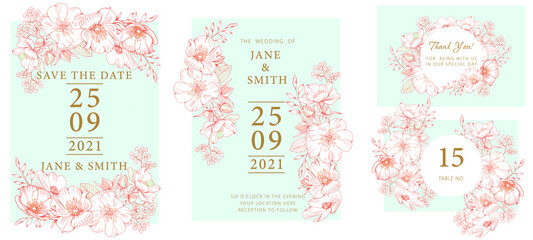 Wedding invitation template consists of three cards with pink flowers and leaves in a light blue circle, drawing with a line of flowers on a pale blue 