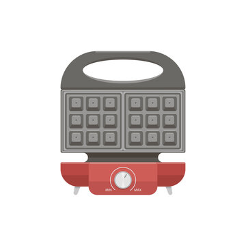 Vector image of an isolated red waffle iron. Flat graphics.