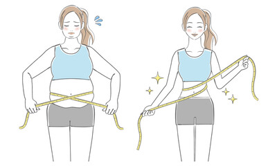 メジャーでウエストを測る若い女性のイラスト　before　after