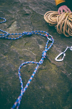 Climbing rope and carabiner anchor point.