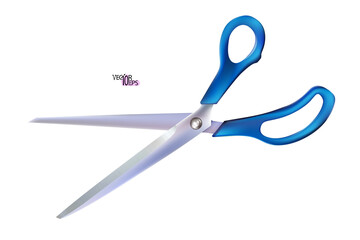 Realistic open metal scissor with blue plastic handles isolated on white background. Professional cutting tool with closed blades, for tailors and barbers, hobby and craft. Vector illustration.