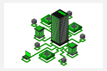 Concept of data network management .Vector isometric map with business networking servers computers and devices.Cloud storage data and synchronization of devices. 3d isometric style