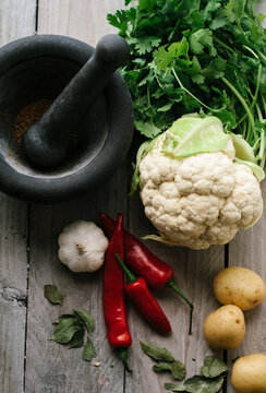 The Ingredients of the Indian dish, Aloo Gobi (Cauliflower and potatoes)