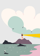 Beautiful landscape with lighthouse, sea, clouds and seagull. Flat vector illustration.