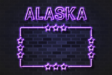 Alaska US State glowing violet neon letters and starred frame on a black brick wall