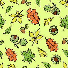 vector seamless pattern with hand-drawn chestnuts, acorns and autumn leaves. it can be used as Wallpaper, background, print, textile design, notebooks, phone cases, packaging paper, and more.