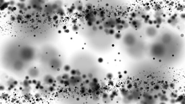 The movement of monochrome particles on a white background. Blurred background. Modern computer black and white background with moving dots.