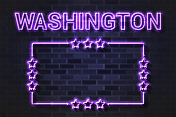 Washington US State glowing violet neon letters and starred frame on a black brick wall