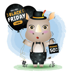 Black friday sale with a cute rhino hold balloon promotion and shopping bag illustration