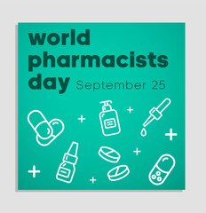 World Pharmacist Day greeting card vector design template. Calendar for each day on September 25. Doctor and nurse.