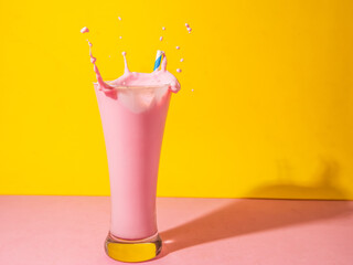 glass of strawberry smoothie on yellow and pink background