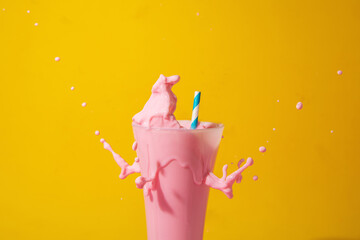 glass of strawberry smoothie on yellow and pink background