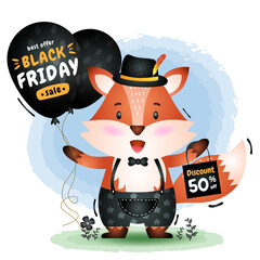Black friday sale with a cute fox hold balloon promotion and shopping bag illustration