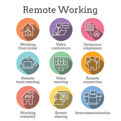 Fototapeta premium Remote work icon set with work from home, video meetings, etc