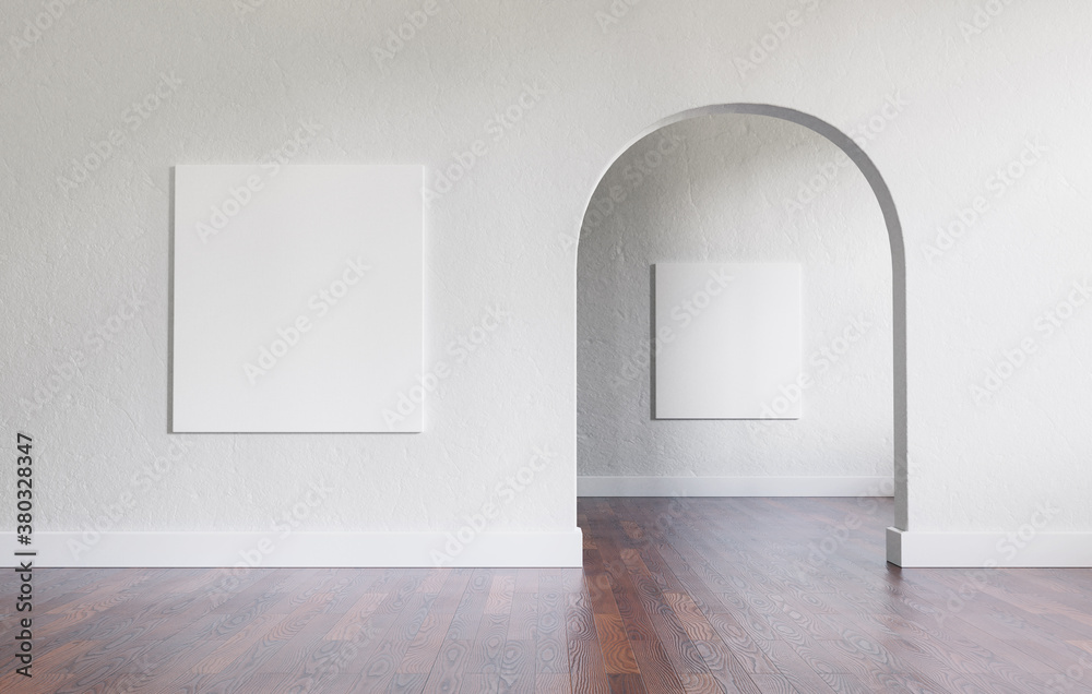Poster Big, empty interior with large mock-up canvases and circular arc entrance to another space. Minimalistic style with full of empty space. Shallow depth of field. 3D render illustration.