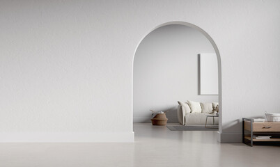 Big interior with large mock-up wall and circular arc entrance to another space. Minimalistic style with full of empty space. 3D render illustration. © schab