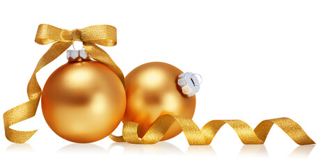Golden christmas balls with ribbon isolated over white background.