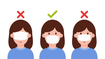 Woman wearing a face mask correctly. Face mask vector.