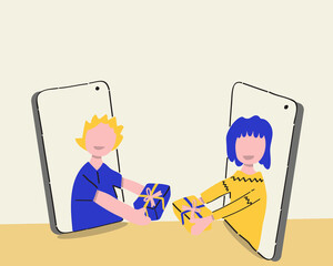 Hand drawn a video call with a man who give a present to a woman vector illustration.