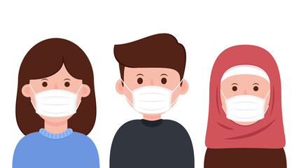 Group of people wearing medical masks to prevent disease.