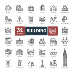 Building Icons Pack. Thin line architecture icons set. Flat icon collection set. Simple vector icons