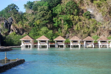 Fototapeta na wymiar landscape bungalows on the water and the jungle