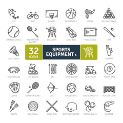 Sports Equipment Icons Pack. Thin line icons set. Flat icon collection set. Simple vector icons