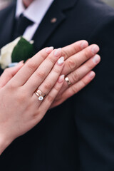 Hands of the bride and groom with wedding rings