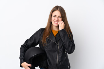 Woman with a motorcycle helmet nervous and scared