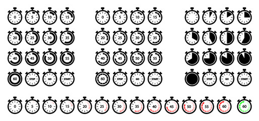 Timer, clock, stopwatch set icons. Label for sports or cooking time symbol.Time interval sign Flat vector clocks timer. Stop watch timer pictogram. Chronometer, minute, second. For sport or cook app.