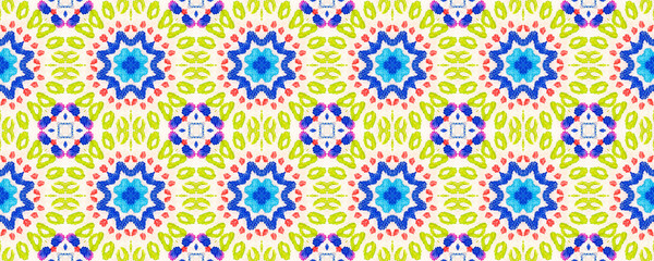 Fototapeta na wymiar Ethnic Aztec Pattern. Abstract Kaleidoscope Motif. Blue, Pink, Red and Green Seamless Texture. Repeat Tie Dye Ornament. Ikat Russia Motif. Ethnic Aztec Hand Drawn Pattern.