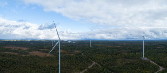 Aerial view of wind farm in Finland. Clean energy. Energy of the future.