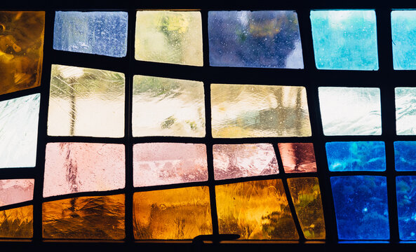 Close up of a colorful abstract stained glass window