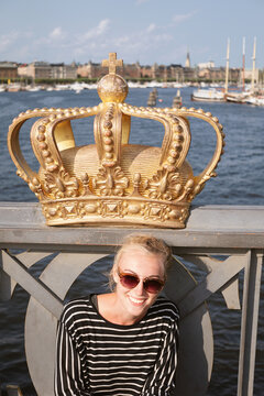 Laughing girl on a bridge in Stockholm