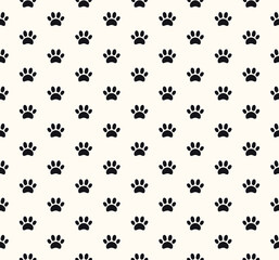 Simple dog paw print seamless pattern, puppy footprints, black on white background. Hand drawn vector illustration. Flat style. Design concept for trendy fashion print, wallpaper, wrapping paper.