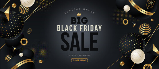 Black friday template design with black and gold geometric shape and elements. Design for black friday banner, poster, flyer, promo.