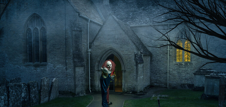 abstract image of a clown who attracts the viewer in front of a church