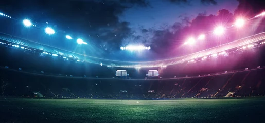 Foto op Plexiglas Full stadium and neoned colorful flashlights background. Flyer with copyspace in modern colors. Concept of sport, competition, winning, action and motion. Empty area for championships, your ad, design © master1305