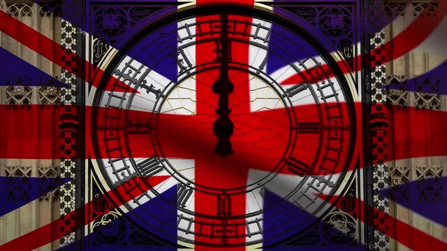 The British flag blowing in the wind in-front of the Big Ben clock face which is pointed at midday.
