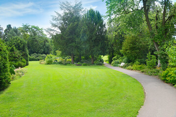 Obraz premium Green grass in meadow and footpath in picturesque park.